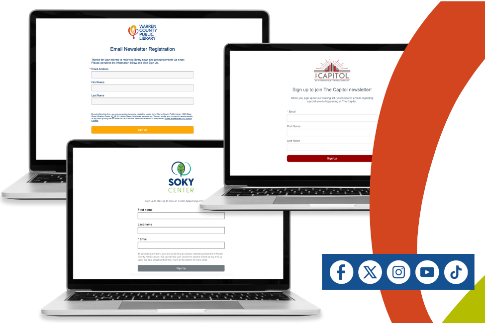 An image of computers with the newsletter login screens and social media icons