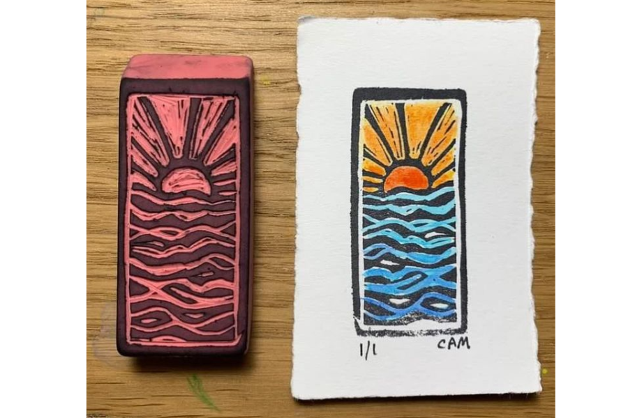 A sunset design for a print made with an eraser