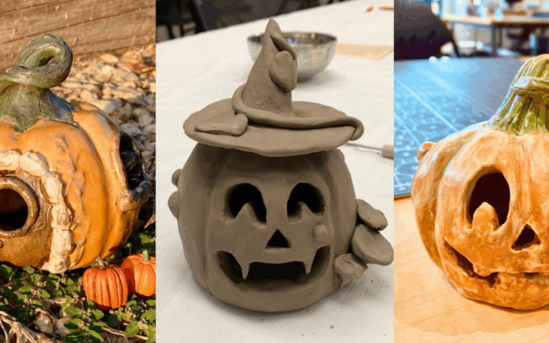 Three pottery pumpkins.
