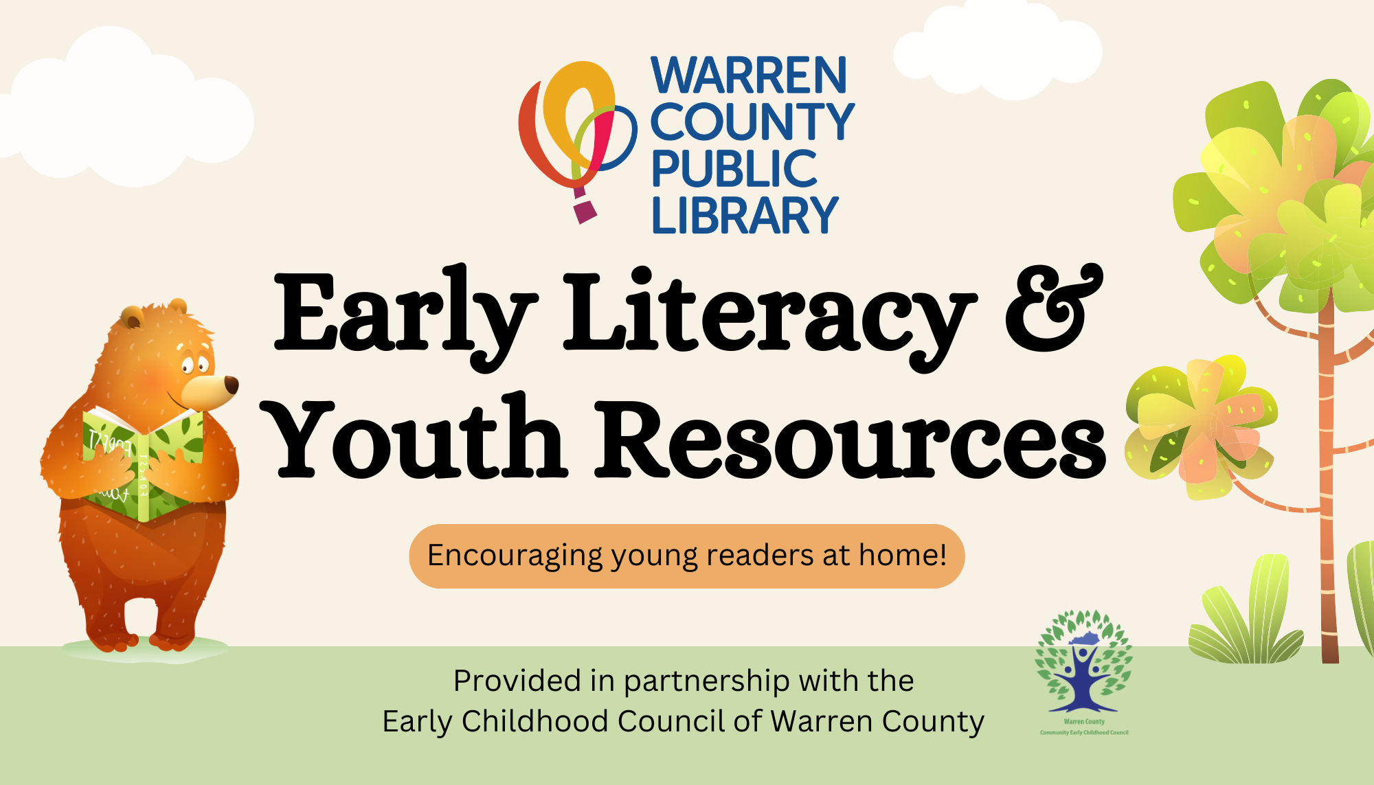 Cover of Early Literacy and Youth Resources booklet with bear reading