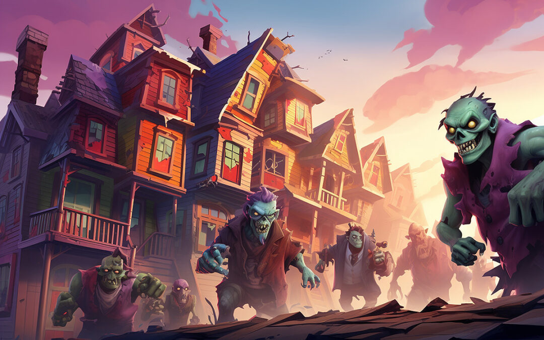 Animated zombies roam through a village.