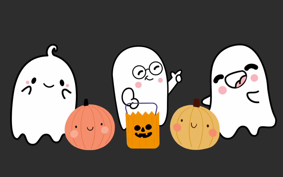 Three cartoon ghosts and two smiling pumpkins against a black background.