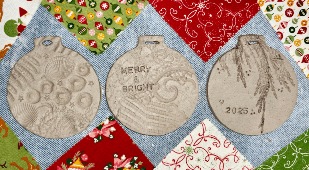 Ceramic ornaments on a festive quilt