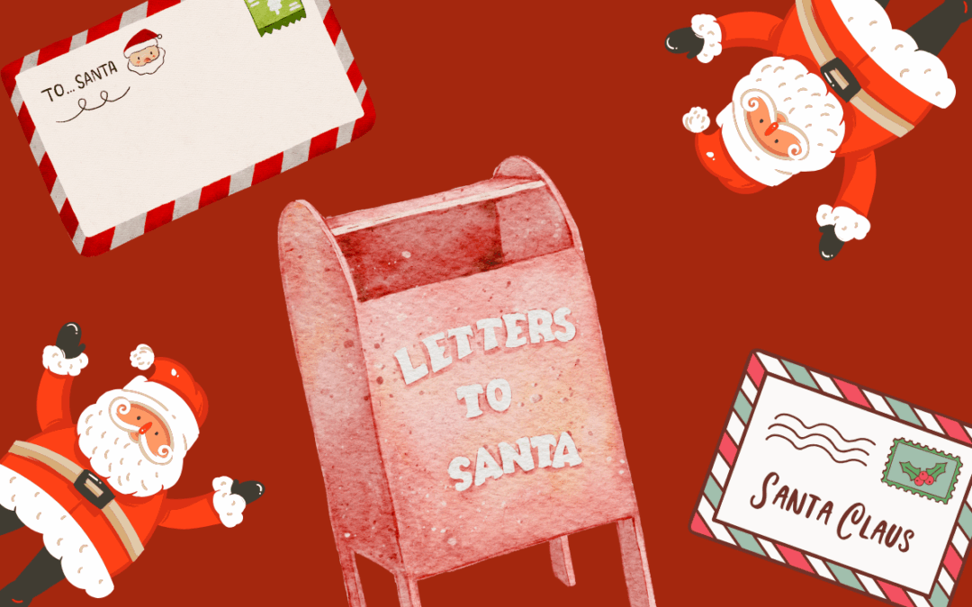Two Santas, two letters, a mailbox that says "Letters to Santa" atop a red backdrop