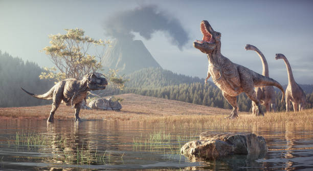 T-rex roaring in front of a smoking volcano