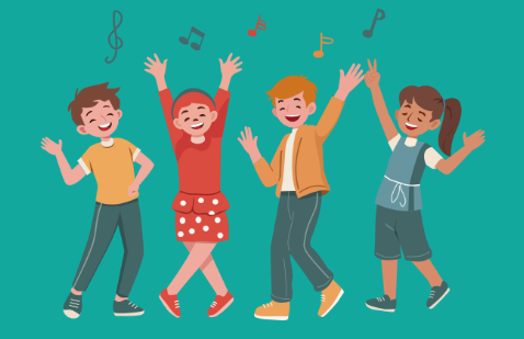Four cartoon characters dancing atop a turquoise background.