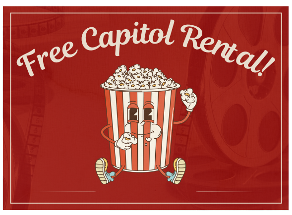 A cartoon popcorn bucket eating popcorn