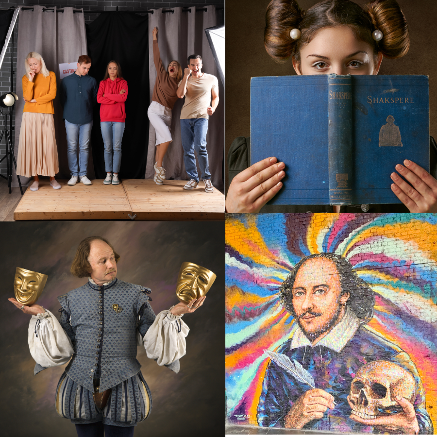 A collage of teen actors, a girl reading Shakespeare, a Shakepear actor and an artistic image of the Bard 