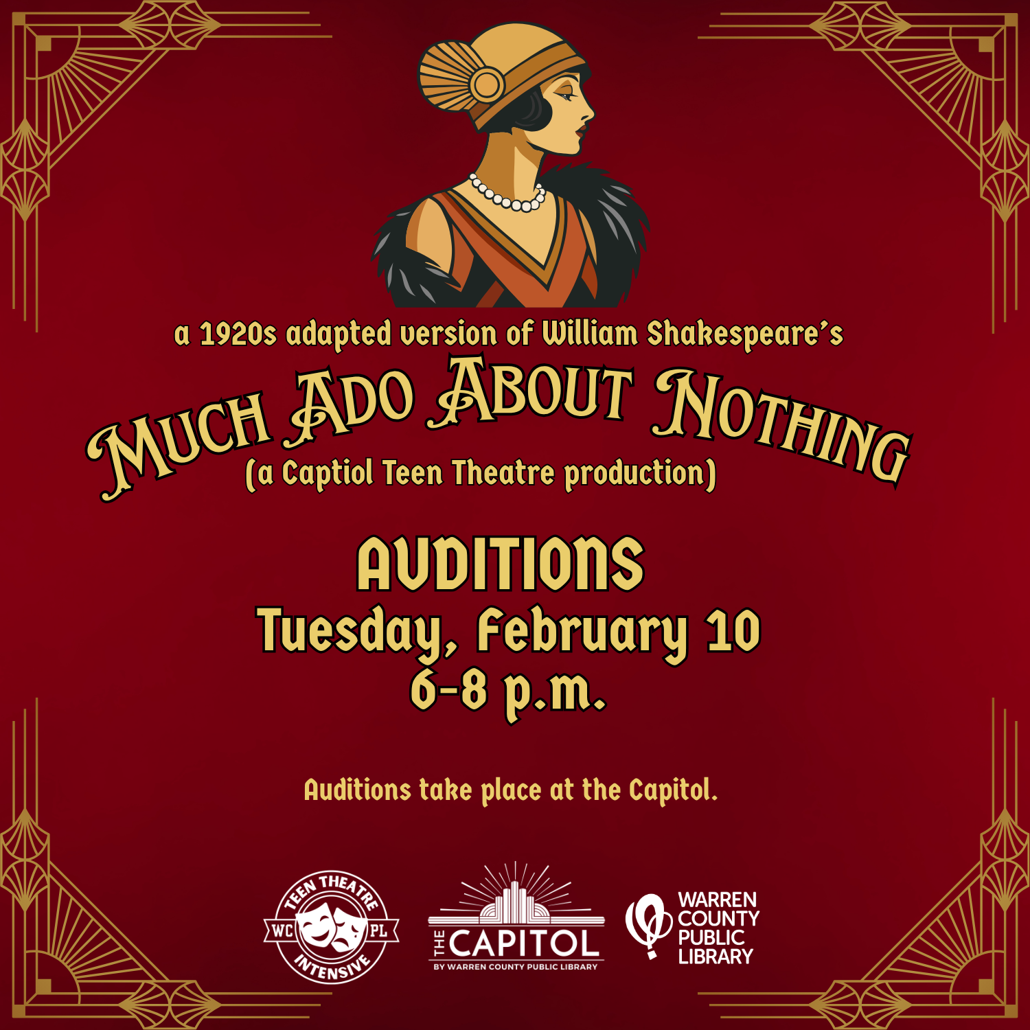 A 1920s style woman above audition information