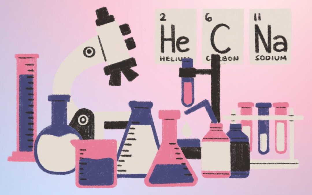 Cartoon science equipment atop a purple gradient background