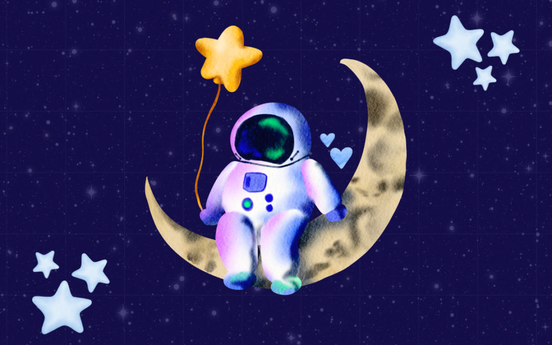 Watercolor space man sitting on the moon