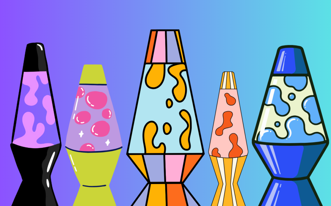 Cartoon lava lamps of varying colors and sizes