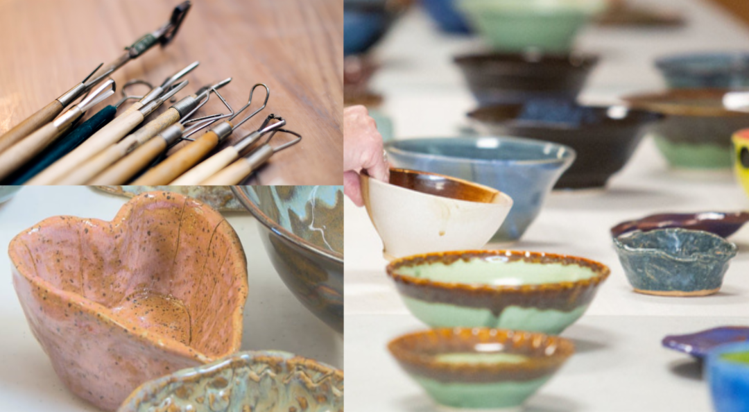 Collage of ceramic bowls and paint brushes