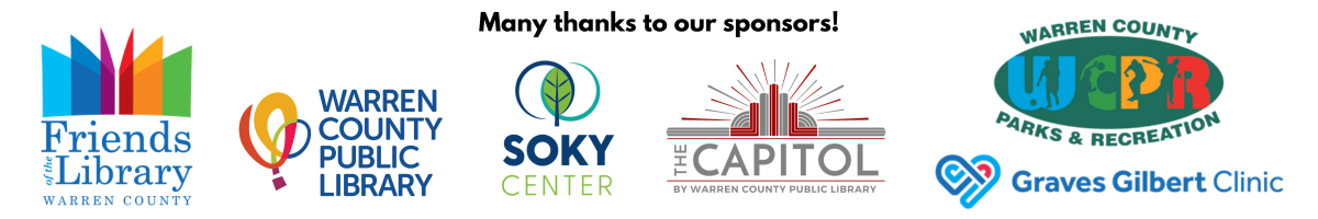 logos of the FOL, WCPL, SOKY Center, Capitol, Warren County Parks & Recreation, Graves Gilbert Clinic