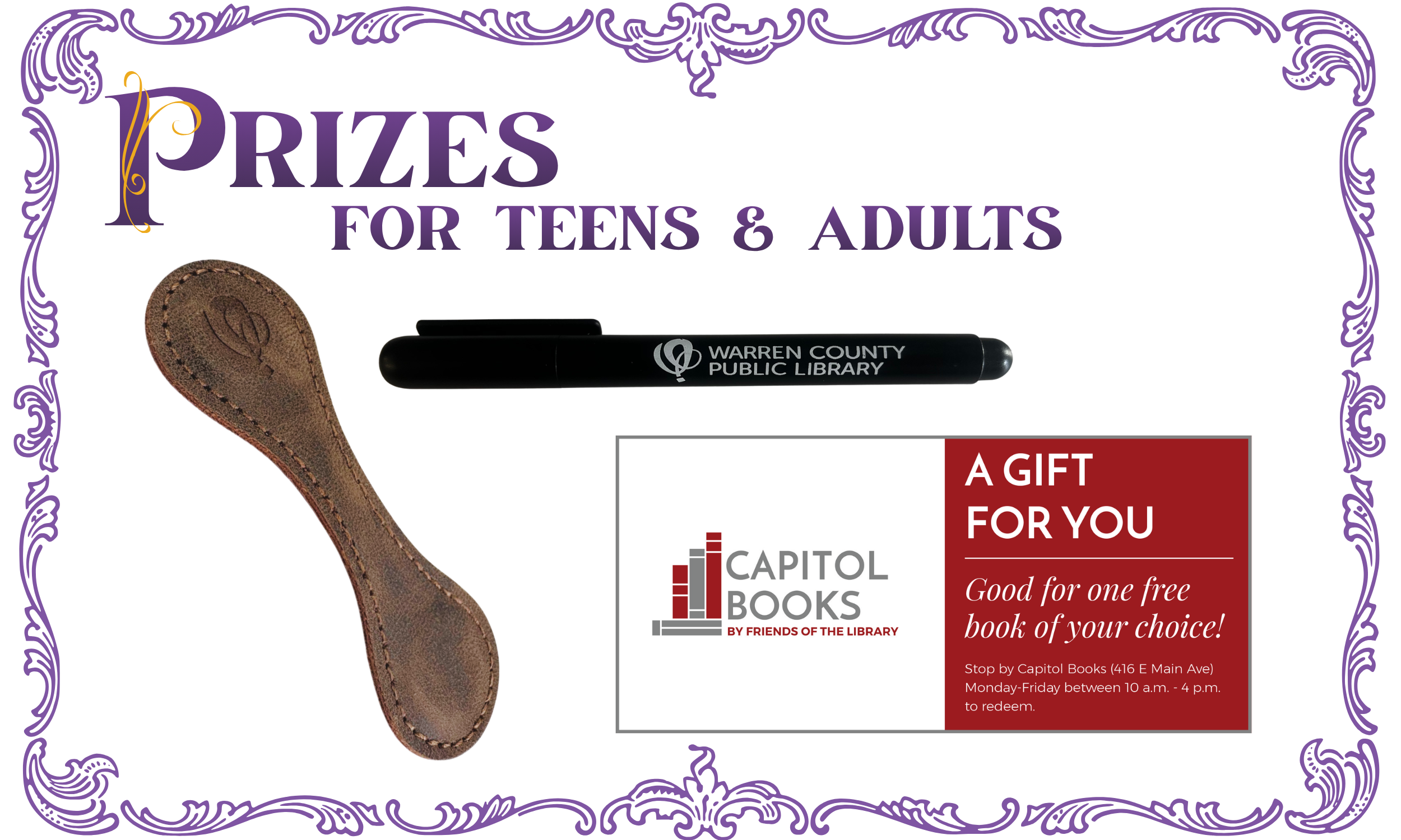 magnetic leather bookmark, WCPL pen, Capitol Book gift certificate
