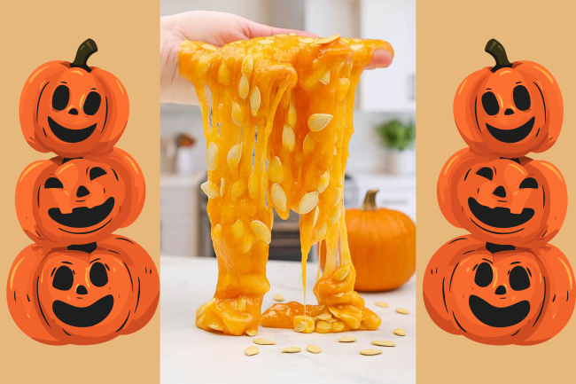 Hand holding pumpkin guts