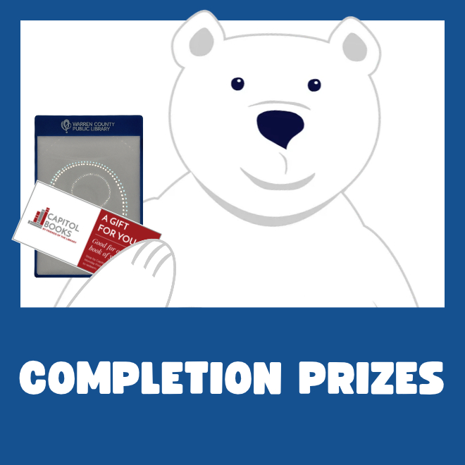 A polar bear holding a bookmark magnifier and a gift certificate to the Capitol Books.