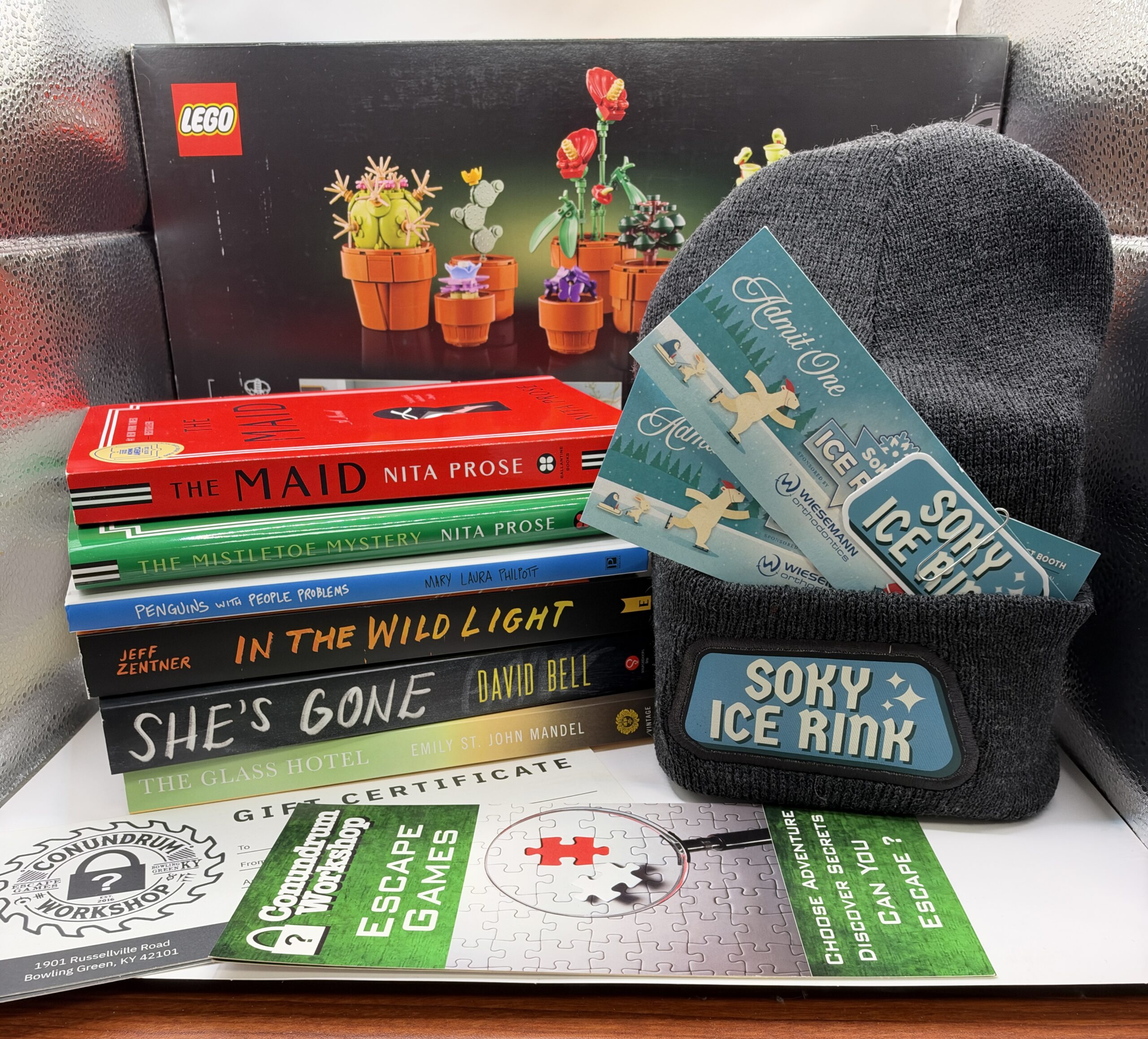 Botanical LEGO set, beanie and free skating passes, a stack of books and gift certificates for Condundrum workshop