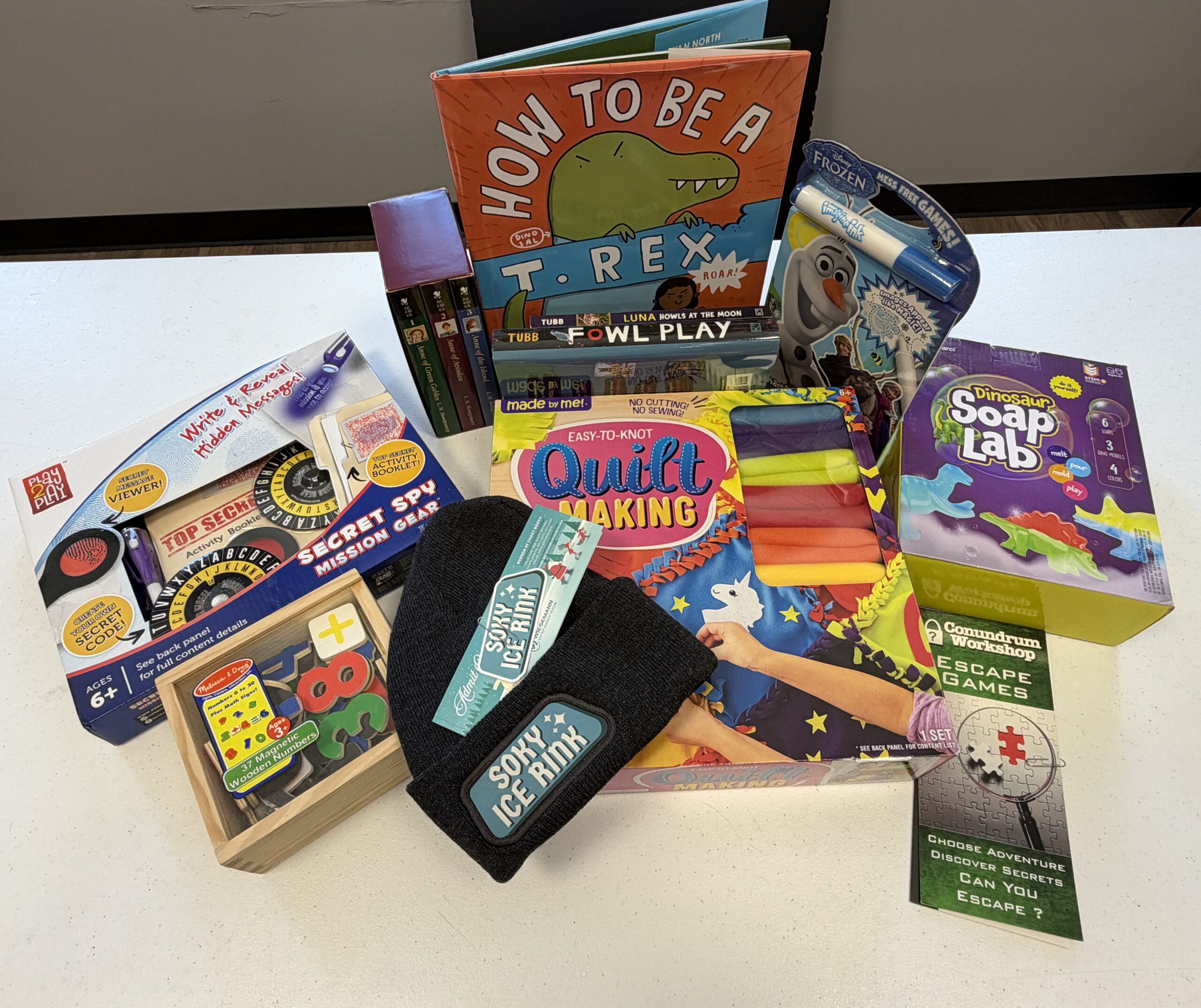 Books, a beanie and skating rink pass, and numerous activity kits