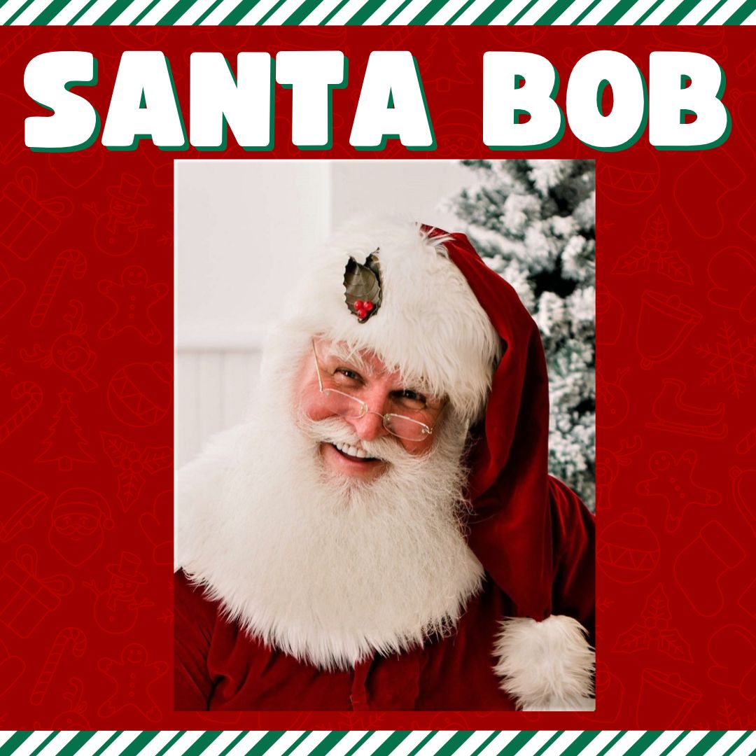 Santa Bob with a red hat, jolly smile, and white beard
